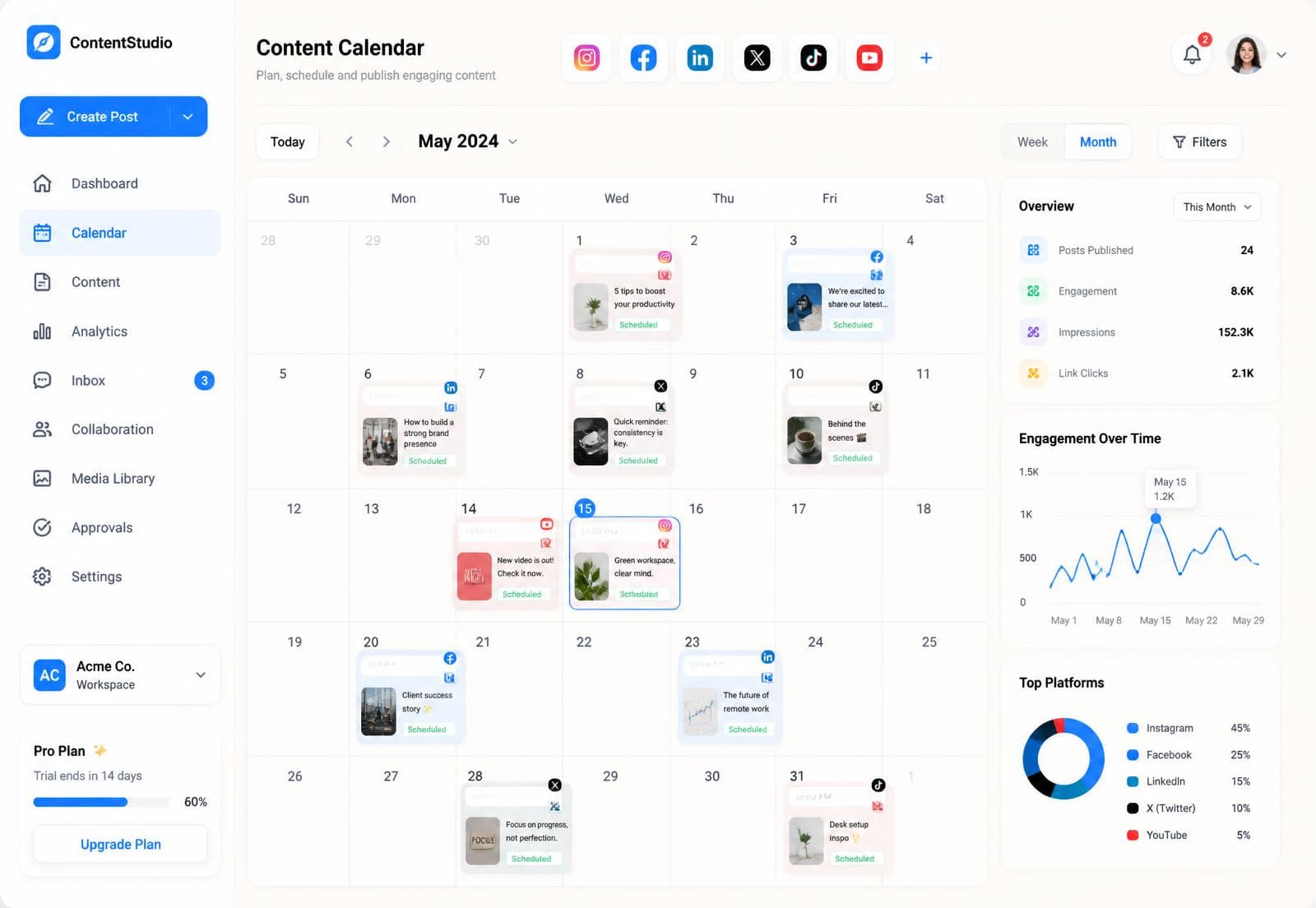 BrandStudio dashboard showing the content calendar, scheduled posts and engagement analytics